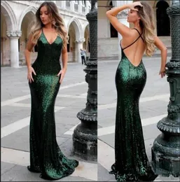 2021 Emerald Green Sequined Prom Party Dresses v Neck Mermaid Open Open Long Evening Dons For Celebrity Dress Rets De Soiree3130900
