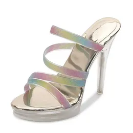 Отсуть обувь Crystal Ladies Slippers Half - Drag Rainbow Sexy Sexy Fashion Tare High High Heels 12 см.