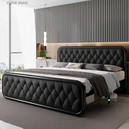 لوازم الفراش الأخرى إطار سرير ثقيل مع جلود اصطناعية أعلى لوحة نوم الأثاث 12 بوصة تحت تخزين السرير منصة أسود سرير y240320
