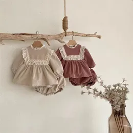 Spring And Autumn Baby Girls Corduroy Lace Doll Shirt Shorts 2 Pieces Set Children Cute Outfit Clothing Kids Clothes 240314