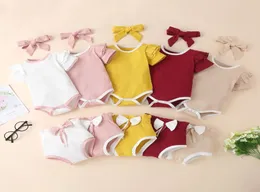 Barn kläder baby solid rompers småbarn sommarartikel pit bowknot shorts 3pcs pojkar flickor korta ärmar bodysuit spädbarn designer c7790920