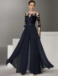 Elegante Longo Marinha Azul Chiffon Macaco Mãe Mãe dos Vestidos da Noiva A linha de cisalhamento de cisalhamento de cisalhamento madrinha vestidos de festa formal vestido de festas