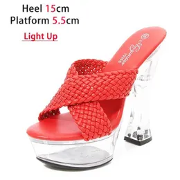 Dress Shoes LED Light Up Transparent High Heels 15CM Square Heel Summer Sandals Womens Platform Luminous Club Fashion Weave Slippers H240321