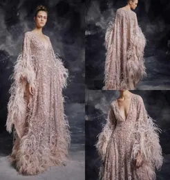 Krikor Jabotian 2020 Vestidos de baile de luxo com contas de lantejoulas penas Dubai árabe decote em V celebridade manga comprida vestidos de noite formais Pag8937043