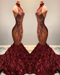 2019 Burgundy Lace Mermaid Long Prom Dresses Illusion Aptique Beaded 3D Flowers Halter Sweep Train Evening Gowns Vestidos De Fest3819639