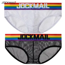 Cuecas jockmail gay roupa interior homens briefs sexy malha transparente underpant arco-íris cores respirável shorts calzoncillos hombre deslizamento