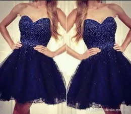 2019 Cheap Navy Blue Sweetheart Short Homecoming Dress A Line Mini Juniors Sweet 15 Graduation Cocktail Party Dress Plus Size Cust2520698