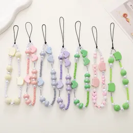 New Pearl Cat Head Phone Chain DIY Love Beaded Phone Case Hanging Accessories Short Anti Loss Wrist Strap For Girl