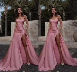 High Sexy Pink Split Evening Dresses With Detachable Skirt Strapless Mermaid Prom Party Gowns Arabic Vestidos Custom Made BC