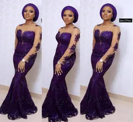 Aso ebi Style Purple Mermaid Evening Dresses for South Africa 2019 Long Sleeve Illusion Neck Neck Lace Lace Octual Orgens3830186