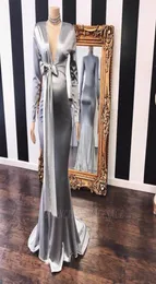 2022 Sexy Silver Flunging v Dress Dresses Prom Sleeves Long With Bow Weist Sevial ​​Virts Maid of Honor Frictsaid Brust BC59828706062