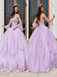 2020 Yeni Leylak Quinceanera Elbiseleri Tatlım Dantel Aplike Korse Arka Tül Saten Pageant Uzun Juliet Kollu Tatlı 16 Parti BALI3347308