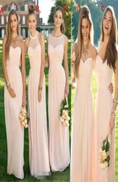 Pink Navy Long Bridesmaid Dress 2022 Mixed Neckline Flow Chiffon Summer Blush Bridesmaid Formal Prom Party Dresses With Ruffles HY2147549