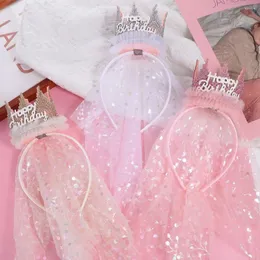 Hair Accessories Korean Style Crown Gauze Headband Decor Happy Birthday Hairband Head Hoop Headdress Kids