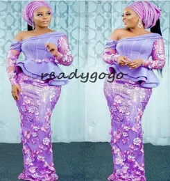 Aso ebi Style Lavender Evening Pageant Dresses with Long Sleeve 2020 Lace 3D Floral African Nigerian Prom Party Bridesmaid Dress3537588