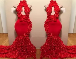 Red Rose Mermaid Prom Dresses 2022 New Sexy High Neck Appliques Formal Evening Dresses Sweep Train Party Gowns9494248