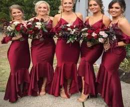 2019 Dark Red Bridesmaid Dresses High Low Spaghetti Straps Vneck Tea Length Mermaid حفل زفاف الأزياء Boho Maid of Hono1249168