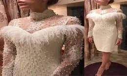 Luxury White Pearl Beaded Short Prom Dresses With High Neck Feathers Applique Kne Length Long Sleeves Club Wear Cocktail Party Go3873239