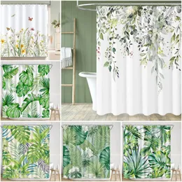 Cortinas de chuveiro planta verde banheiro aquarela folha eucalipto tecido pano decoração com ganchos