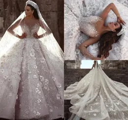 Elie Saab 2020ボールガウンLongleeevs Wedding Dresses Luxury Crystal Beaded 3D Flowers Lace Plus Size Saudi Arabic Dubai Bridal Go1963521