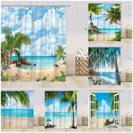Dusch gardiner ocean strand gardin ö havsvågor palmträd tropiska växter natur landskap bad tyg hem badrum dekor