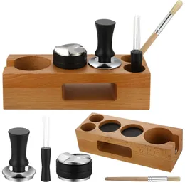 Roowest 5 Pack Accessories Kit Trästation Distributör Tamper Stirrer Tamping Mat med kaffebrush, Multiple Espresso Tools for Bar Home Office (54 mm)