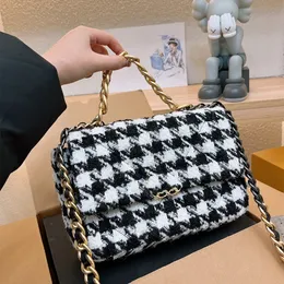 Bolsa de ombro acolchoada feminina designer 19 série Tweed Houndstooth com número de série alça de corrente dourada bolsas bolsas crossbody de dois tons bolsa de grande capacidade 25 cm