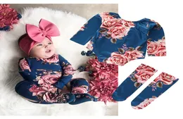 Våren nyfödda baby bodysuits Långärmning Oneck Floral Printed Baby Girls Jumpsuit 100cotton Baby Clothing bodysuit med stockin6881696
