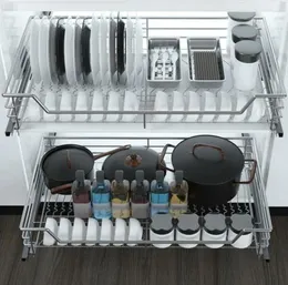 Armazenamento de cozinha 2 camadas de aço inoxidável pull out rack cesta slide armário organizador gaveta cestas titular