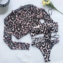 Mulheres Swimwear de manga comprida de 3 peças maiô alta corte leopardo capa push up bikini independente esportes bandagem maiô tanga J240319