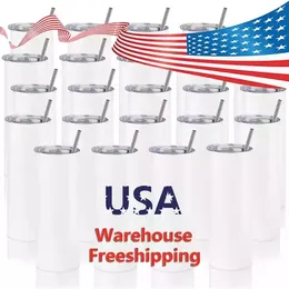 USA CA warehouse 20oz 30oz Blank Sublimation Straight Tumblers Stainless Steel Blank White Cup With Lid and Plastic Straw 50pcs/carton