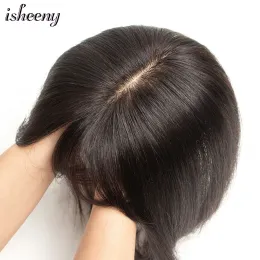 Toppers isheeny 12x13cm Human Hair Topper 8" 12" Natural Black Breathable Mono Base Hair Piece Inject Hair Net Top Wig Clips In