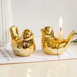 Castiçais 1 pc luz bonito luxo ouro cerâmica forma de pássaro castiçal casa desktop pequena decoração feriado casamento