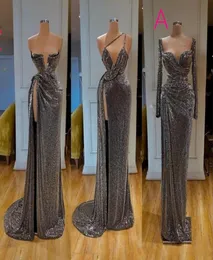 Neue Ankunft Charming Sexy Silber Meerjungfrau Prom Kleider Pailletten Langarm Hohe Split Side Formale Abendkleider robe de soiree Abe1350719