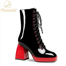 Stövlar Phoentin Red Boot Mid Calf Square Toe Real Leather Platform Shoes Women's High Heel Boots Cross bundna kvinnors skor FT1146