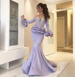 2019 Lilac Lavender Evening Dress Mermaid Peplum Tired Long Sleeves Holiday Wear Pageant Prom Party Gown Custom Made Plus Size4992615