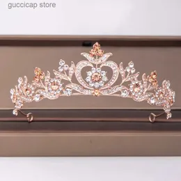 Tiaras Trendy Rose Gold Rhinestone Crown Flower Flower Bridal Associory Wedding Headpiece Hair Hair Hair Bride Hair Jewelry Crown Tiara Y240320