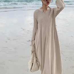 Casual Dresses Korean Dress Sweater Women 2024 Autumn Winter Solid V-Neck Vestido Oversize Lantern Sleeve Loose Long Robe Pull Femme