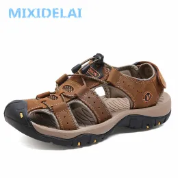 부츠 Mixidelai New Fashion Summer Beach Brockyable Men Sandals Brand Genuine Leather Men 's Sandals Man Casual Shoes Plus 3847