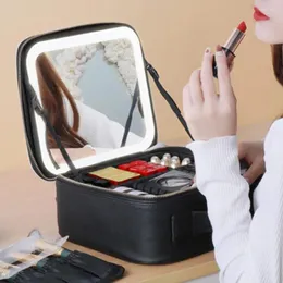 Cosmetic Bags Makeup Bag With LED Lighted Mirror Travel Organizer Adjustable Vanity Women Waterproof Case