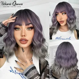 Perucas curtas onduladas ombre roxo a cinza cabelo natural perucas sintéticas para mulheres com franja resistente ao calor cosplay lolita peruca de fibra ondulada