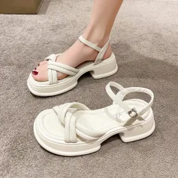 Sandals Black Platform Sandals Suit Female Beige Summer Heels Clear Shoes 2024 Women's AllMatch Med Espadrilles Nude Girls New Block F