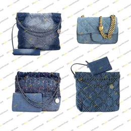 Spegelkvalitetsdesigner kvinnor sömnad denim 22 liten handväska pås kvällsväska koppling tote crossbody shoulerbag påse silver-ton