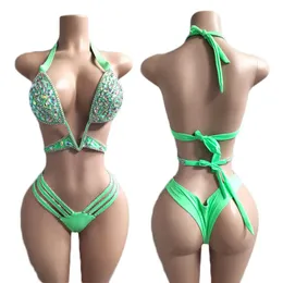 Elites Diamond Bikini Set Bandage Otward stroje kąpielowe Push Up Rhinestone Bling Stones Swimsuit Sexy Women Swim