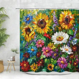 Duschgardiner solros gardin gård blomma fjäril inspirerande citat randig rutig träpanel polyester tyg badrumsdekor