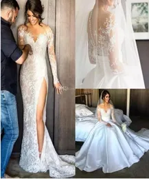 2019 New Split Lace Mermaid Wedding Dresses With Löstagbar kjol Sheer Neck Long Sleeves High Split Overskirts Brudklänning No Vei1101810