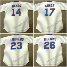 남성용 1987 년 1989 년 시카고 안드레 도슨 론 산토 Shawon Dunston Ernie Banks Mark Grace Ryne Sandberg Billy Williams Ferguson Jenkins Baseball Jersey S-5XL
