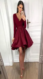 Aline Burgundy Satin Homecoming Party Dresses Deep Vneck Long Sleeve Short Cocktail Dress Prom Gowns Aline Womens4190919