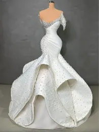 Luxury Mermaid Tiered Prom Dress Custom Made Beaded Pearls Formal Dress For Women Party Arabic Dubai Mermaid Evening Dress