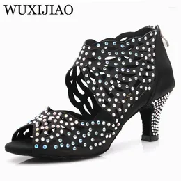 Танцевальная обувь WUXIJIAO, черные женские джазовые кроссовки со стразами на высоком каблуке и латине